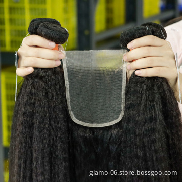Annione Yaki Kinky Straight Hair Bundles With Closure Brazilian Hair Weave Natural Human Hair Extensions Bundles With Closure